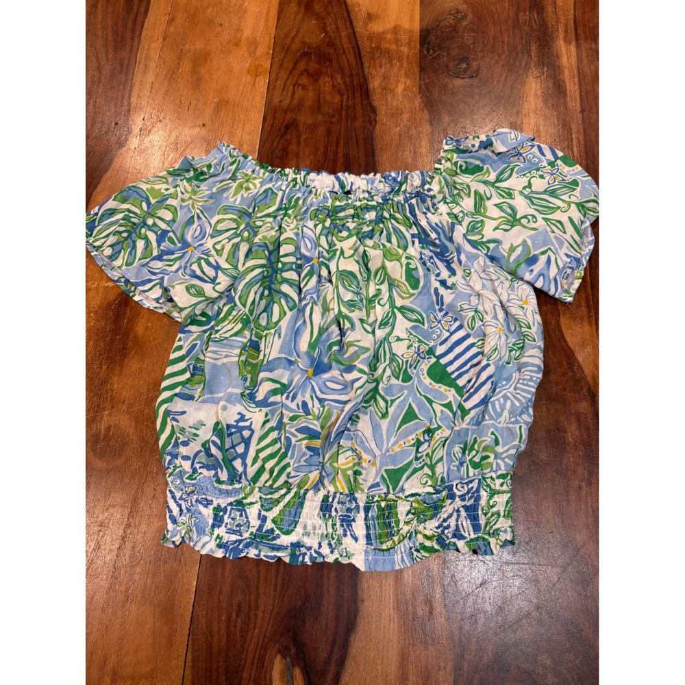 Rachel Roy XS blue green tropical floral off the shoulder smocked peasant top